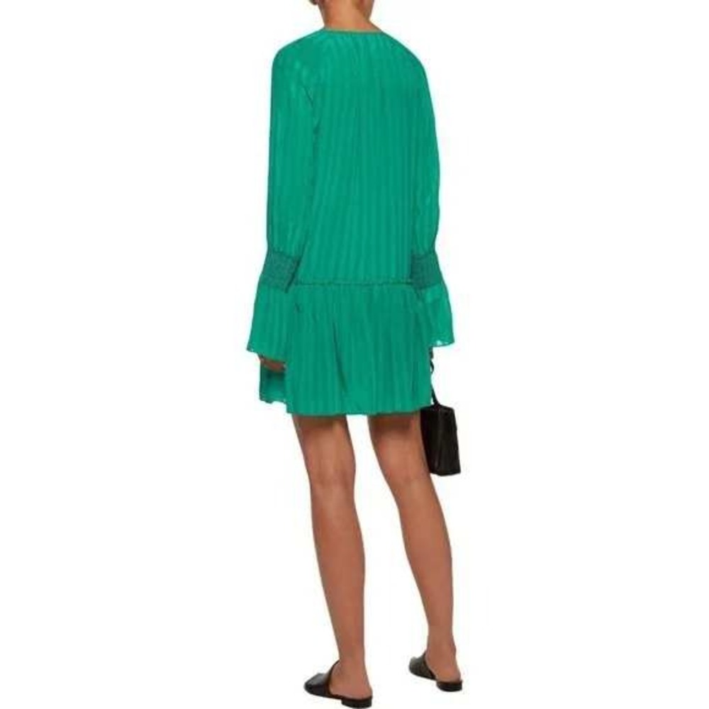 Derek Lam 10 Crosby 100% Silk Green Tiered Mini Dress Smocked Sleeves Size 4 - Picture 4 of 9